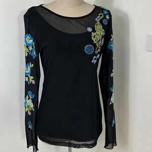 Laurel Mesh Top Tiger Floral Embroidered Long Sleeve Blouse Black Size 6
